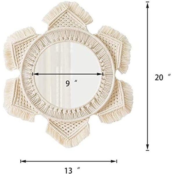 Riippuva seinäpeili makrameereunuksella, pyöreä boho-peili, taidekoriste