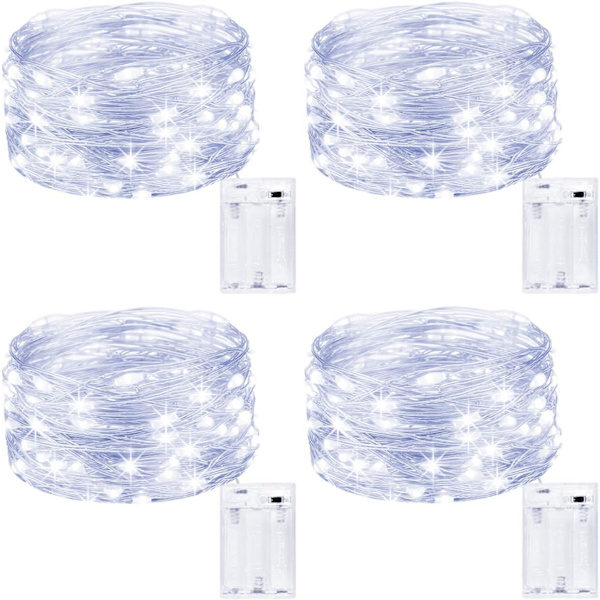 Kolpop Fe-ljus Batteri Inomhus [4-pack], 5m 50 LED Silvertråd Batteridrivna Mikrosträngljus (Kall vit) [Energiklass A+++]
