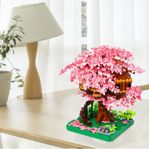 Mini Körsbärsblomsträdhus Bonsai Träd Byggstenar Set, Sakura Botanisk Samling Byggset för Vuxna, 14+ Tonåringar, Heminredning Tillbehör