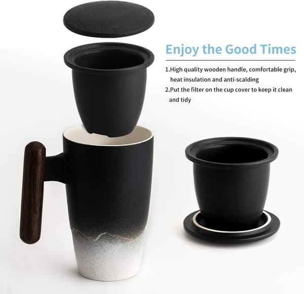 Gradient Keramisk Tekop med Låg, med Infuser i Rustfrit Stål, Perfekt til Kontor- og Hjemmebrug, Sort 400ml (Sort Hvid)