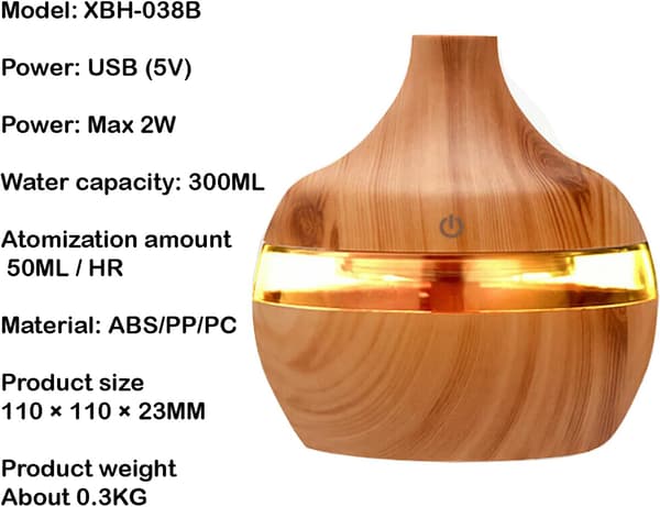 300 ml æterisk oliediffuser, 7 farver LED ultralydsluftfugter, oliediffuser, luftrenser, til hjem, yoga, kontor, SPA, soveværelse, gul