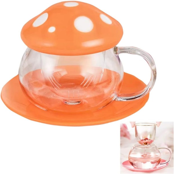 Söpö teekuppi sieni muki lasi teekupit teensiivilä suodatin läpinäkyvä teekannu keraaminen 290ML(oranssi)