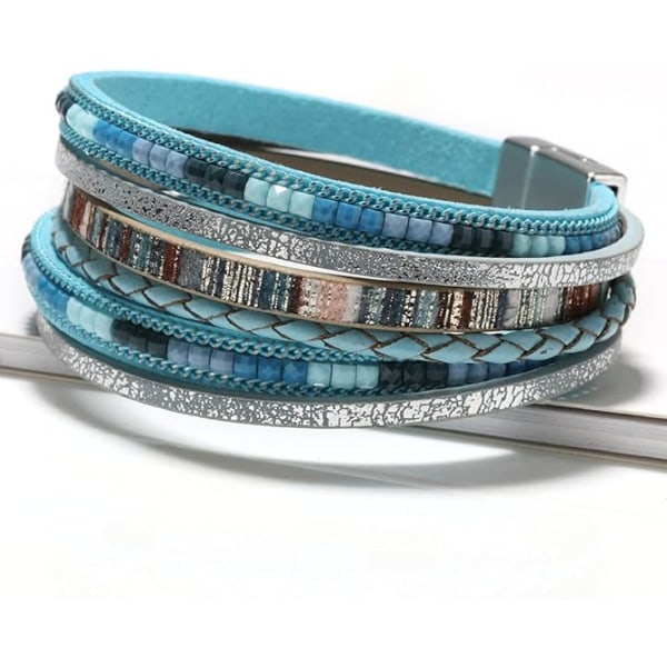 Läderomslagsarmband för kvinnor, Boho Leopard Multi-Layer Crystal Beads Manschettarmband Smycken blue