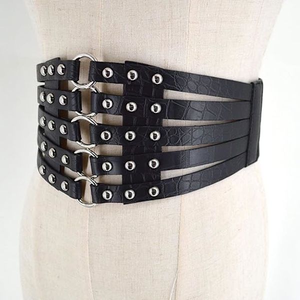 Hullet Nitter med Spænde Bælte Bundet Korset Elastisk Bredt Taljebælte Underbryst Taljebånd black silver rivets