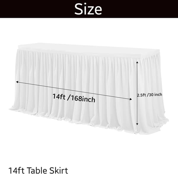 1 × Bordkjole, 4,2 meter plissert rektangulær polyester hvit borddekorasjon servise, fest, bryllup, bursdag, babyshower, arrangementer