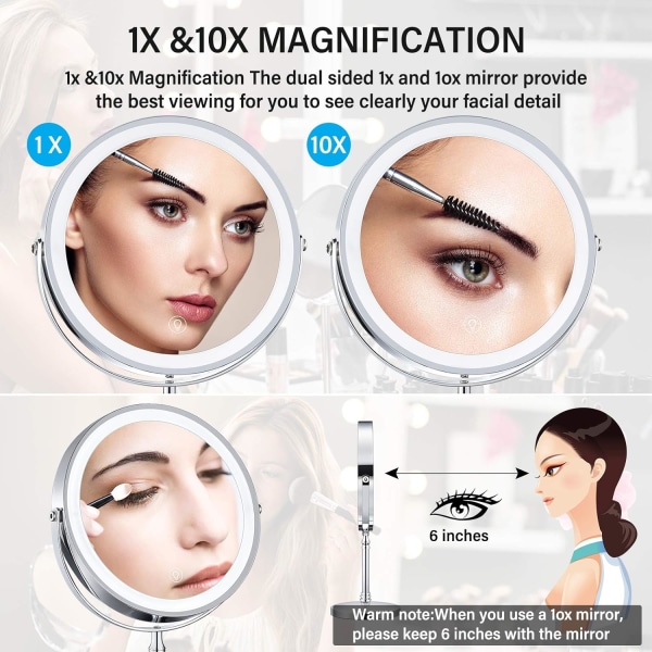 8\" Lighted Makeup Mirror, 10X Makeup Mirror with Lights, Double Sided Dimmable Magnifying Mirror with Light