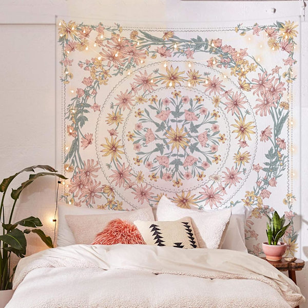 Mandala Kukka-aiheinen Verho, Piirretty Kukka Kasvi Boho Seinävaate, Boheemi Hippi Verhot