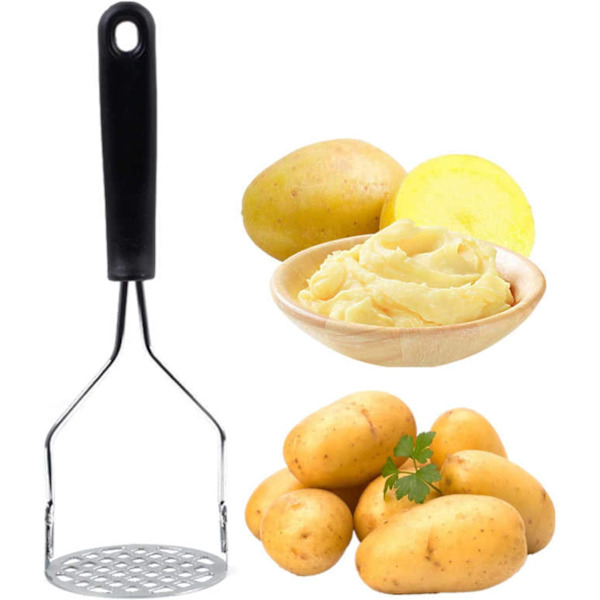 Kartoffelmoser i rustfrit stål med blødt greb og skridsikkert håndtag, køkkenredskab til mosning af mad