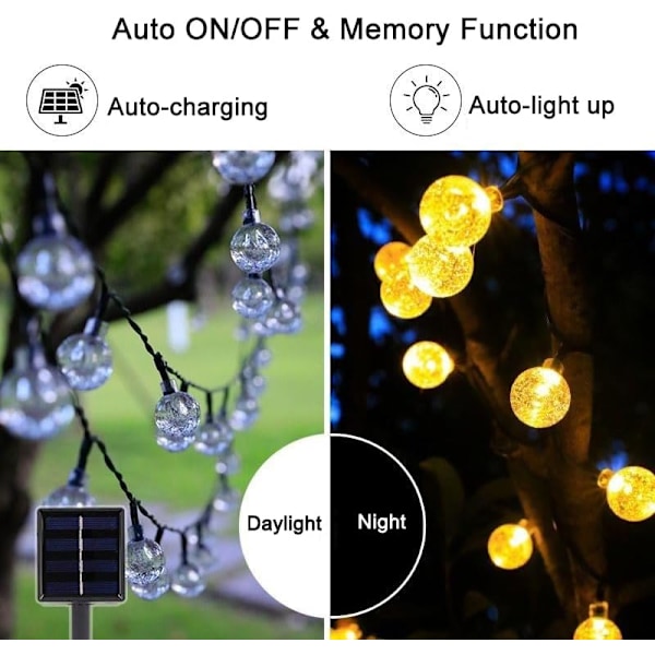 Aurinkopaneelit ulkokäyttöön puutarhaan, 39ft 100 LED:tä 8 tilalla, kristallihelmiä, aurinkovoimalla, vedenkestävä, lämmin keltainen