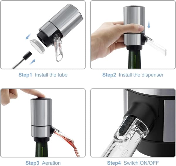Elektrisk Vinlufter, Smart Vindispenser med Rustfritt Stålrør, Beste Vin Gaver (Batteridrevet - Rustfritt Stål med Base)