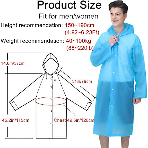 Genanvendelige regnponchoer til voksne, 2 stk. regntøj til nødsituationer til kvinder og mænd med hætte og snøre, voksne poncho-blå