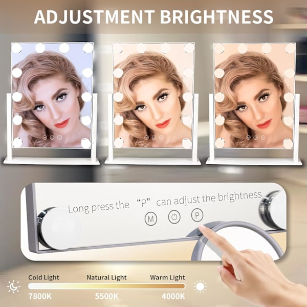 Hollywood Lighted Makeup Mirror med 3 farvebelysningstilstande og 12 dæmpbare pærer, Smart Touch Control, 360° Rotation, Hvid