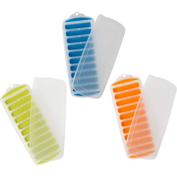 Tre smala silikonbrickor för isbitar, idealiska för sport- och vattenflaskor, med lock (blått, orange, grönt)