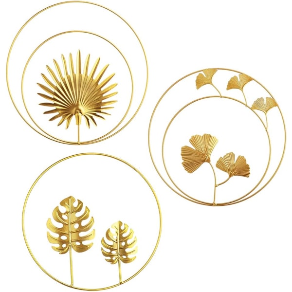 Metallblad Ornament, 3 st järnväggskulpturer, Järnväggskulpturer, 3D Ginkgo Bladskulpturer, Gyllene Ginkgo Blad, Palm Blad, Monstera Blad (Guld)