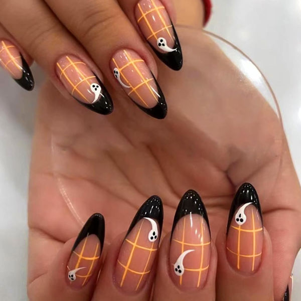 24 stk. Halloween falske negle medium, mandelformet fransk sort kant falske negle søde spøgelsesdesigns tryk på negle