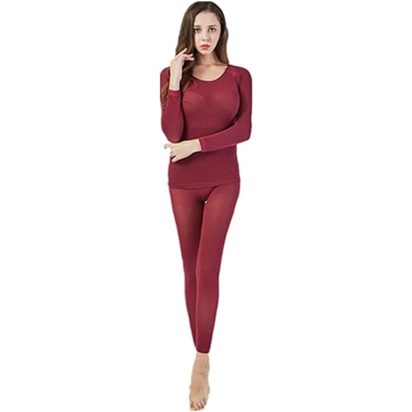 Kvinners termisk undertøy sett ultra tynn høy elastisk myk bomull sømløs 37 grader termostat sexy slim lag topp og bunn for vinterreiser ski Wine Red