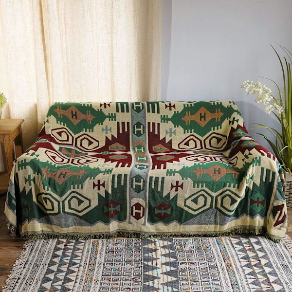 Dekorativ bomullsfilt i vävd bomull, soffhandduk, varm bomullsskydd 130 x 180 cm (bohemisk stil)