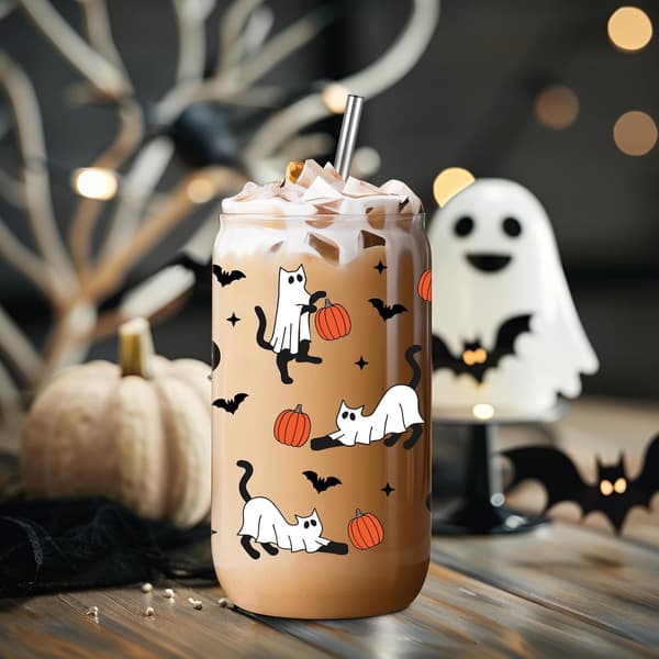 Fairy's Gift Halloween Ghost Cat Iced Coffee Cup, 16 oz Spooky Coffee Glass Cup with Lid Straw