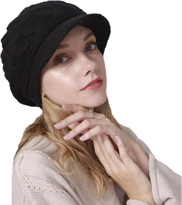 Dame vinterstrikkede hatte, kasketter, uldberetter Black