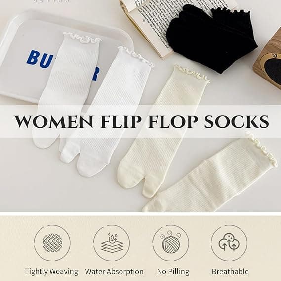 Tabi Flip Flop Sokker for Kvinner 3 Par Bomull Japanske Split Toe Sokker Kalvelengde Elastisk Ruffle Frilly Shinobu Cosplay