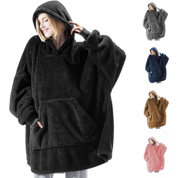 Hoodie filt, Oversized Sherpa Hoodie, Bärbar Hoodie Sweatshirt filt, Super Mjuk Varm Bekväm filt Hoodie, One Size Fits All Vuxna Black