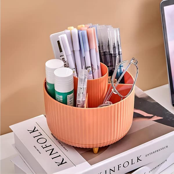 Makeup børsteholder med stor kapacitet, 360° roterende makeup organizer, 5 rum til makeup børster, til badeværelse, kosmetik display (Orange)