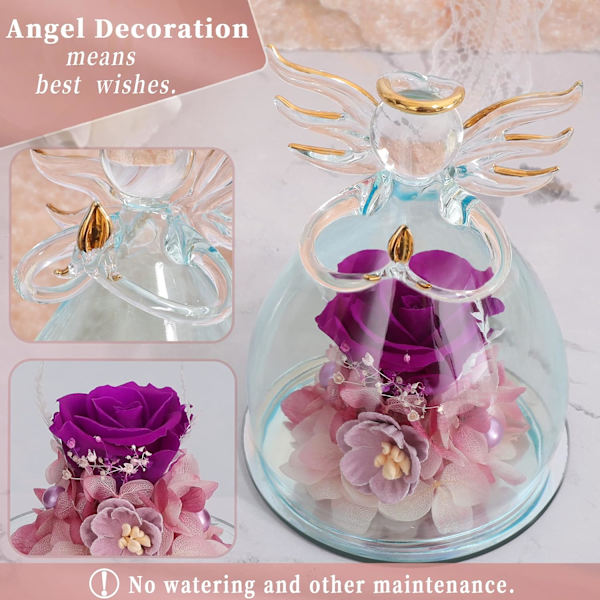 Ros blomma födelsedagspresent till kvinnlig mamma mormor fru, glasängel figurin present med vackra lila blommor jul