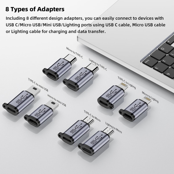 USB C til Micro USB Adapter, Type C/Micro USB Hun til Lightning Han Converter, Micro USB til USB C Extender (8 Pack)