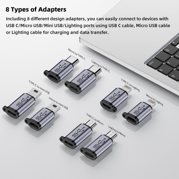 USB C til Micro USB Adapter, Type C/Micro USB Hun til Lightning Han Konverter, Micro USB til USB C Forlænger (8 Pak)