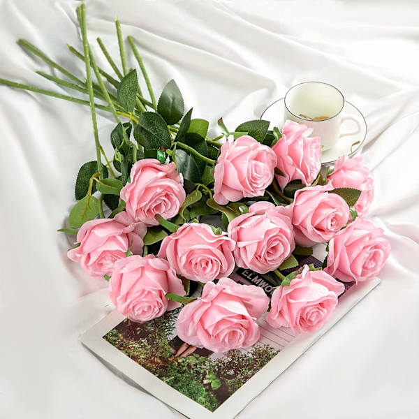 12 stk. kunstige silkeblomster realistiske roser buket lang stilk til hjem bryllup dekoration fest (12 stk.-Pink)