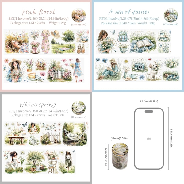 PET-tarrat 3 rullaa, kevät ja kukat, scrapbooking-tarvikkeet, läpinäkyvät tarrat lehtiöihin, päiväkirjoihin, scrapbooking-tarvikkeet, päiväkirjat color 2
