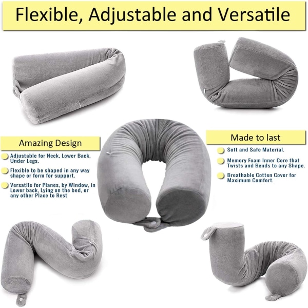 Twist Memory Foam Resepudde Nacke,Haka,Axel,Ländrygg och Benstöd för Vuxna Flygresor Kudde (Grå)