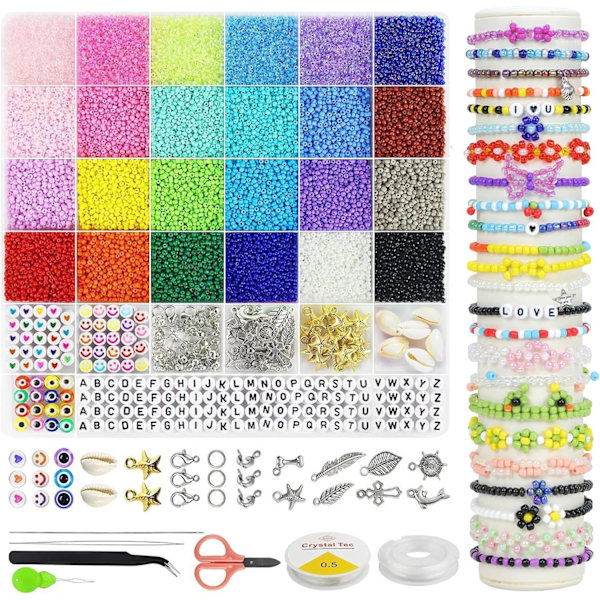 16800 stk. Glass Seed Beads til armbåndssæt, 24 farver 2 mm små glasperler Tiny Waist Beads Venskab armbåndssæt