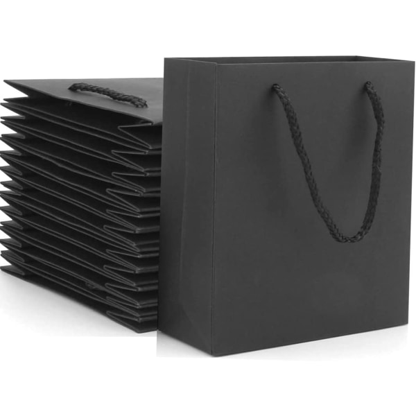 Små gaveposer, 15 stk. Kraft sort papirpose til gaver, sorte festposer 12 x 5,7 x 16 cm med håndtag til fødselsdag, jul og festfejringer