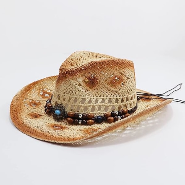 Hatte i vævet halm til mænd og kvinder, halmhatte til kvinder, cowboyhatte til kvinder, cowboyhatte med formbar skygge, strand-cowgirl, beige