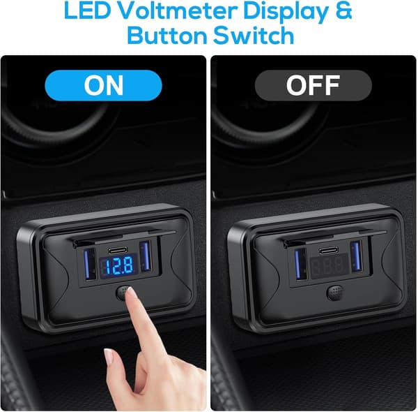 RV USB-uttak, Dobbel 18W USB A & 36W USB C Ladekontaktpanel med Voltmeter & PÅ/AV-bryter for Bil Båt, 2 stk