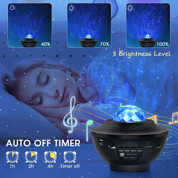 Stjerneprojektor nattlys 2 i 1 LED Nebula Cloud/Roterbar Ocean Wave Projektor med fjernkontroll og Bluetooth-høyttaler
