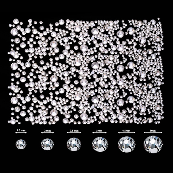 2000 kappaletta litteän takaosan jalokiviä, 6 kokoa (1,5-6 mm) pyöreitä kristallitimantteja