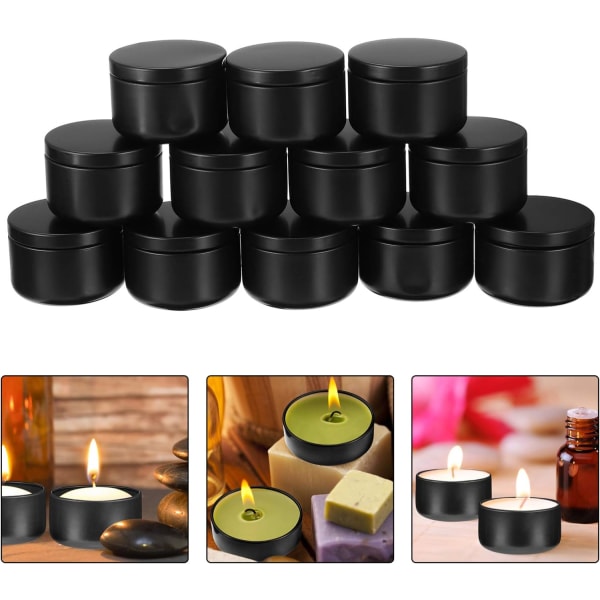 12PCS Metal Candle Tins Aluminum Tin Jar Round Storage Containers for Candle Making Cosmetic Empty Refillable Box (Black)