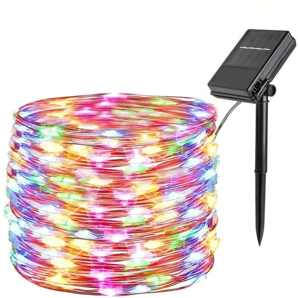 Julelys, 12 m, 100 LED, RGB, 8 moduser, IP45, batteri/solcellepanel, flerfarget