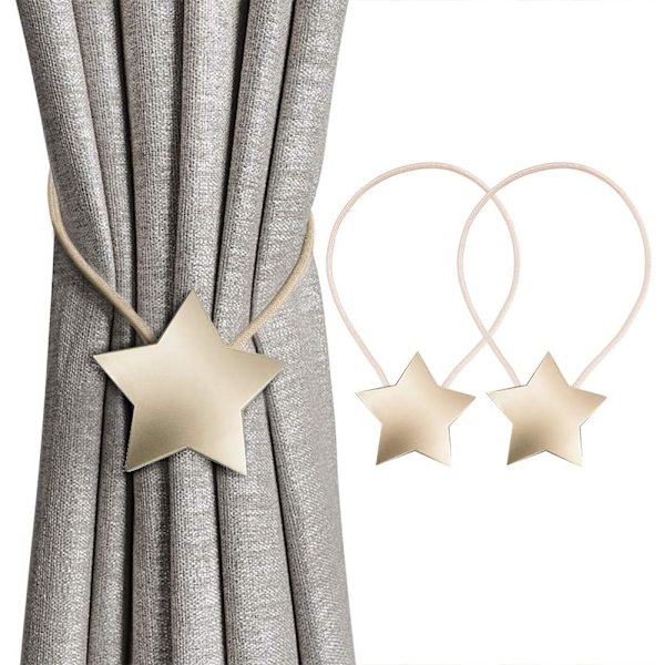 Magnetisk gardin, gardinholder stjerne, kreative gardiner, løkker, gardin, clips, reb, indtrækkelig gardin, gardinholder til boligindretning, 2 stk. gold