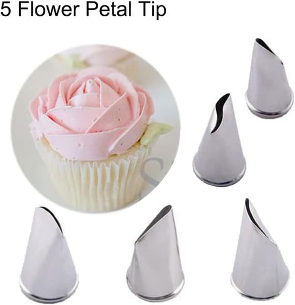 5 stk. Blomster Roseblad Sprøjtetips Sæt - Rustfrit Stål Sprøjtedyse Sæt til Kager Cupcakes Kager Småkager Dekoration
