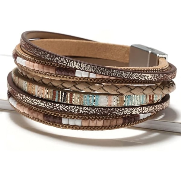 Læder Wrap Armbånd til Kvinder, Boho Leopard Multi-Layer Krystal Perler Manschet Armbånd Smykker khaki