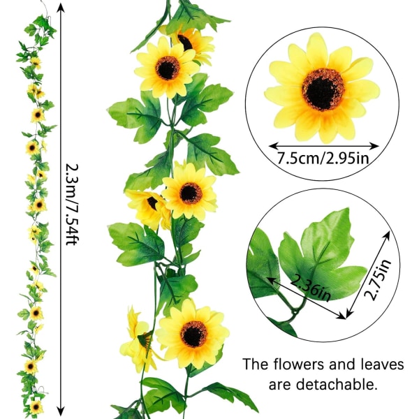 8 stk 60ft kunstige solsikkegirlandere Silke gule solsikke vinstokker med grønne blader Solsikkegirlander til romdekor