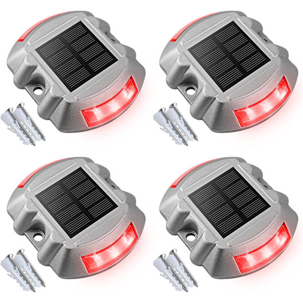 Solbelysning för Däck, Uppfart och Bryggor, 4-pack LED IP68 Vattentäta Utomhusvarningslampor för Trottoar, Trädgård, Stigen och Gräsmatta Red