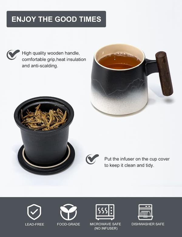 Gradient Keramisk Tekop med Låg med Infuser i Rustfrit Stål, til Kontor og Hjem, 400ml (Kort - Sort Hvid Gradient)