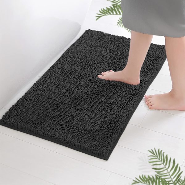 Bademåtte - Ekstra blød plys badeværelsesmåtte, Chenille mikrofiber materiale, Superabsorberende shaggy bademåtte (40 x 60 cm, Sort)