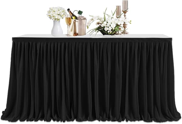 1 × Bordkjole, 4,2 meter plissert rektangulær polyester svart borddekorasjon servise, fest, bryllup, bursdag, babyshower, arrangementer