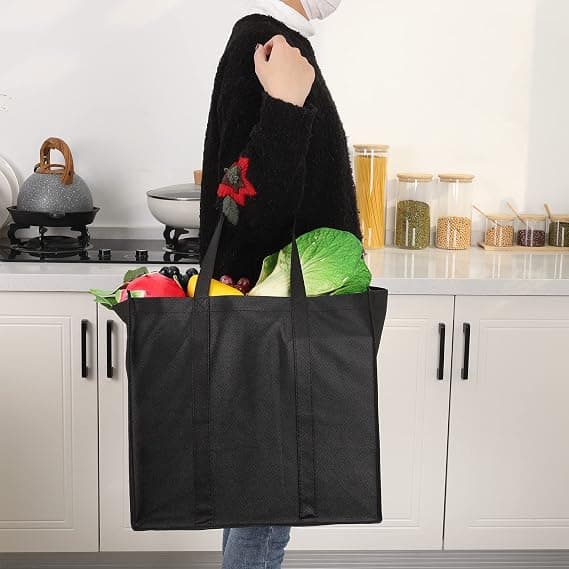 2-pack svarta shoppingväskor, återanvändbara matkassar, vikbara, tvättbara, lätta shoppingväskor för vardagsbruk
