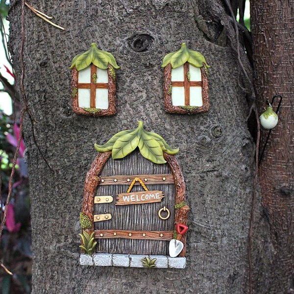 Miniatyr Fé Trädgårdstomte Hus Fönster Dörr Trädgård Harts Självlysande Dörrar och Fönster Trädgårdsdekoration Skulpturer Lysande i Mörkret (Lövdesign)